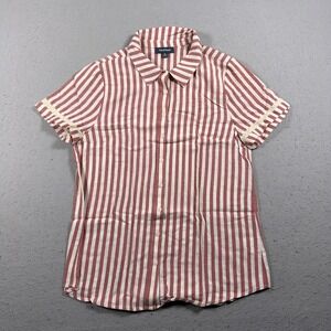 ModCloth Shirt Womens Medium Red White Stripe Button Up Short Sleeve Crochet